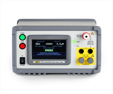 Front view of a digital Hipot safety tester with display, control buttons, and test terminals.