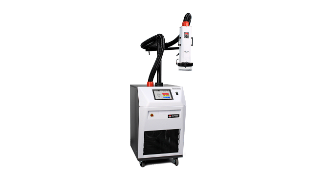Industrial laser cleaning machine with a handheld laser cleaning head connected to a wheeled control unit featuring a touchscreen interface