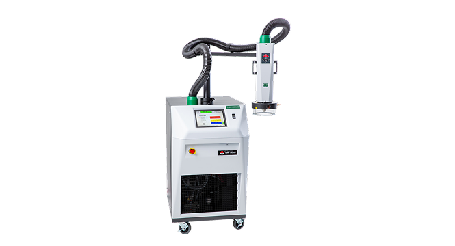 Portable industrial laser cleaning machine with a handheld laser cleaning head, touchscreen control panel, and integrated cooling system