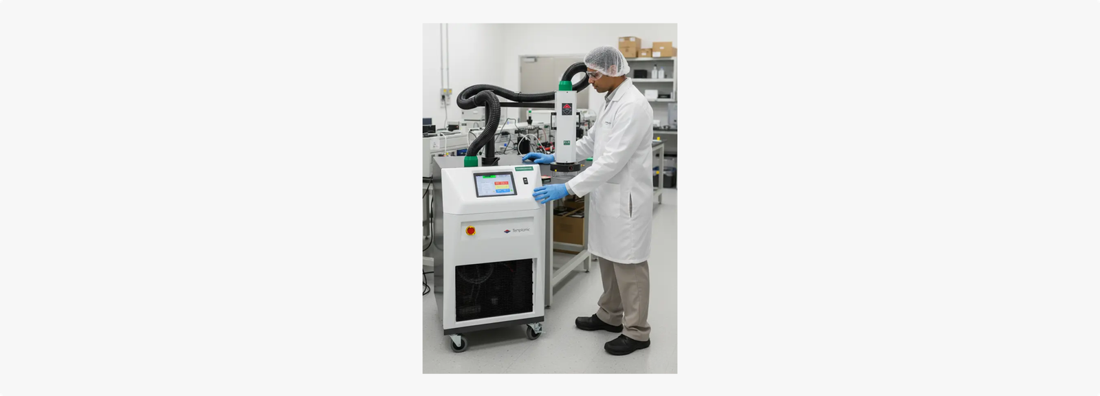 Technician operating a temperature forcing system in a laboratory.